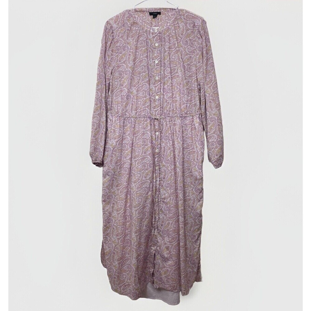 J. Crew Cotton Voile Midi Dress Size 14 Purple Paisley Tie Waist Pockets Prairie